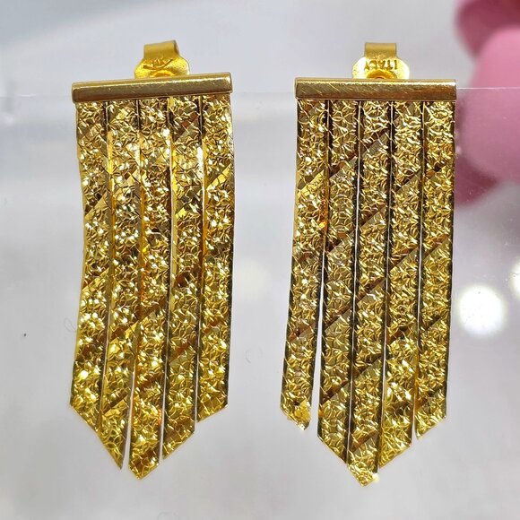 Vintage 14k Herringbone Chain Floral Pattern Chevron Dangle Italy Earrings - Picture 9 of 15